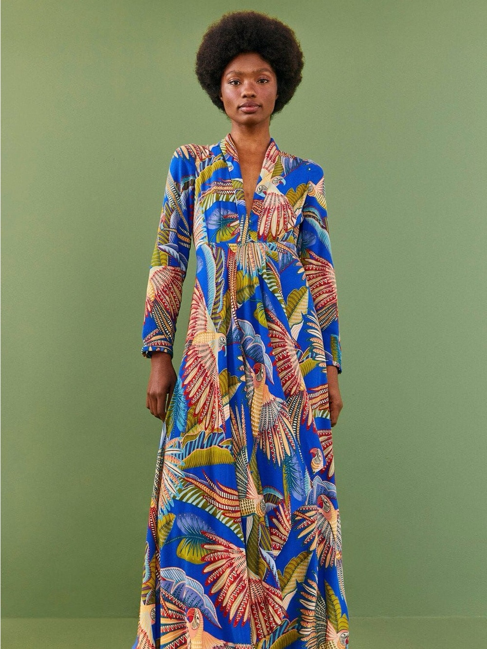 FARM Rio Multicolor Blue Macaw Flight V- neckline Tropical Wrap Maxi Dress